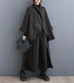 プリーツ新品大きいサイズ長袖ゆったりセットアップブラックパンツ春秋