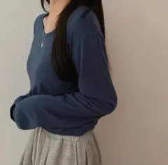 新品未使用☆ 韓国 ネイビー 長袖 裏起毛 Tシャツ