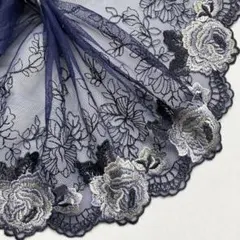 くすみラベンダーとライトグレイカラーのお花刺繍チュールレース　1m　N-361