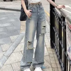 ダメージワイドレッグジーンズ　xs ブルー