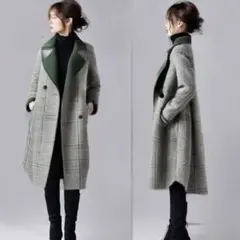 バイカラー　スプリングコート　ミディアム丈 グレー チェック 襟付き グリーン