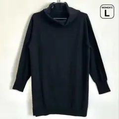 ウール混紡オフタートルニットチュニックセーター ブラック Lサイズ