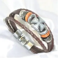 ブレスレット　レザーブレスレット　新品　未使用 クロス　十字章　ブラウン　茶色