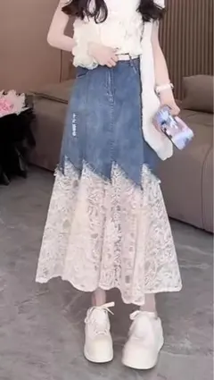 デニム ハイウエスト 切り替え レース スカート❣️ XL