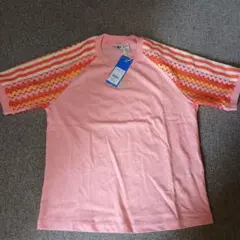 adidas ピンク ストライプ 袖 Tシャツ 半袖