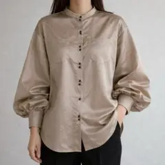 CPCM バンドカラーブラウス ボリューム袖 長袖 ゆったり 光沢