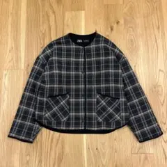 ZARA ザラ ノーカラー チェックジャケット Mサイズ パフジャケット