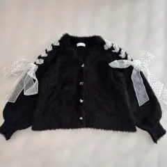 SNIDEL HOME シャギーニットカーディガン ブラック リボン