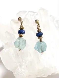 ⭐️アクアマリンタンブルカット•サファイアボタンカット ポストピアス