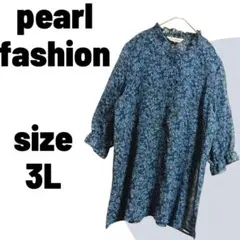 Pearl Fashion ▶ 花柄ブラウス 3L 青系 日本製 肩パッドあり