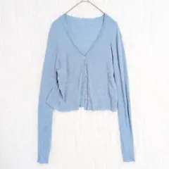 デイジー カーディガン リブニット クロップド丈 L くすみブルー 韓国トレンド