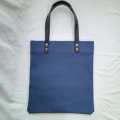 トートバッグ 縦型 マチなし  帆布と革 A4サイズ ネイビー ハンドメイド