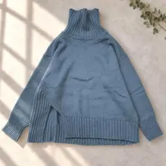 ★美品◆シップス◆サイドスリットタートルニットプルオーバーBL