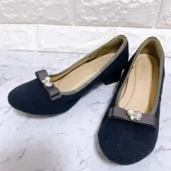 NUOVO パンプス ネイビー リボン パール ビジュー 24.0 ローヒール