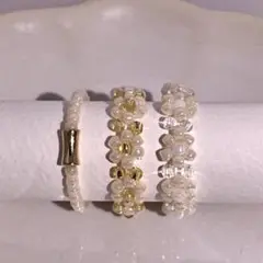 【3点セット】ホワイト×ゴールド ビーズリング 花モチーフ
