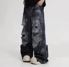 デニムパンツ メンズ ダメージ加工 ワイドデニム　バギー　Y2K ストリート