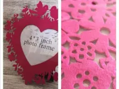 フォトフレームとフェルトマット　ピンクのハート(小鳥さん、お花デザイン)