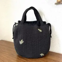 ハンドメイド　ラウンド型ミニ巾着トートバッグ　ブラック　ヌビ生地