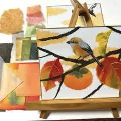 ちぎり絵ミニ(百舌鳥と柿)手作りキット❣️