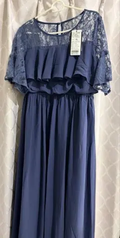 [新品]タグ付き ダークブルー ロングドレス レース付き
