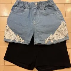 キッズ女の子ショートパンツ2枚セットデニム刺繍ショーツと黒ストレッチパンツセット