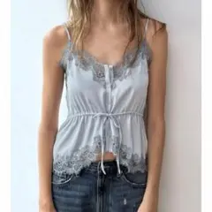 完売品 ZARA レースサテンキャミソール XS パステルブルー ZARA サテンレースキャミソール XS パステルブルー 新品タグ付き
