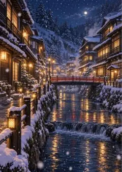 【イラスト】雪の温泉街と赤い橋 アートポスター