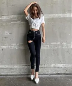 gyda ブラック ワンウォッシュハイウエストパンツ