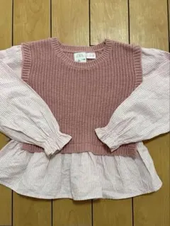 ピンク ニットとストライプの長袖カットソー
