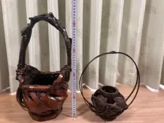 竹籠花入 手編み 茶道具　華道具 骨董品 時代物 持ち手付き 花器　竹工芸