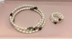 淡水パール•天然石ブレスレッド&リングセット