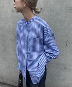 【即購入OK】feepur ノーカラーストライプビッグシャツ Mサイズ ブルー