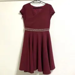 バーガンディ フレアドレス レース袖　結婚式　パーティドレス