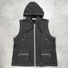 【最終値下げUSED】フード付きブラックストライプベスト Y2K ジップアップ