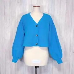 【GRL】長袖ニットカーディガン 羽織り ボリューム袖 差し色 カジュアル 青