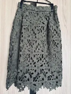 「値下げ！美品」ナノ・ユニバース オリーブグリーン レース 膝丈スカート