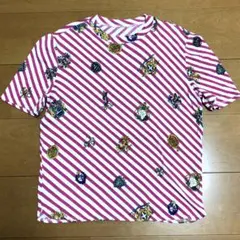 伊太利屋、ラインストーン付きピンク白　斜めボーダー、ストライプTシャツ、美品　綿のサムネイル