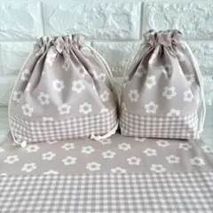 28×35ランチョンマット&お弁当袋&コップ袋　チェック　くすみピンク　フラワー