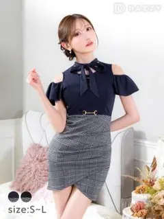 グレンチェックリボンネックフリルオープンショルダータイトミニドレス