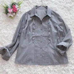 【 13号】美品 レリアン シアー フリルブラウス グレー シルバー 日本製