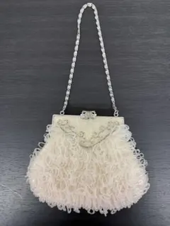 ★希少レトロ★極細ビーズ工芸フリルデザイン高級パーティーバッグ銀チェーン