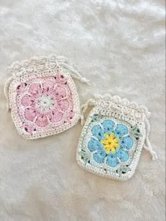 ハンドメイド フラワーモチーフ巾着ポーチ 2点セット
