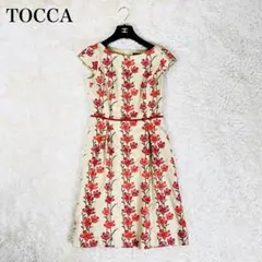 トッカ 総刺繍 花柄 フレアワンピース リボン アイボリー 赤 0