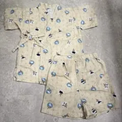 ベージュ ブルー　甚平 80cm 恐竜　とんぼ　うちわ　西松屋