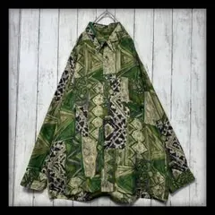 【VINTAGE☆総柄ポリシャツ】アート☆幾何学☆バロック☆レトロ☆グリーン系L