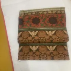 正絹　名古屋帯 花柄刺繍 赤茶