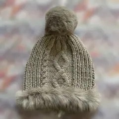 【美品】レディースニット帽 ウール 毛皮 ラビットファー(ベージュ)