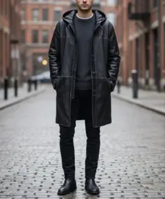 極美品♪最高級　鹿革　ロングコート　フード付き　ユニセックス　黒　ゆったり