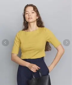 BEAUTY&YOUTH ランダムリブボートネック5分袖カットソー