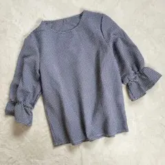 青ギンガムチェック フリル袖 トップス S相当